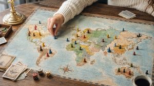Mano moviendo una ficha sobre un mapa del mundo de juego de mesa, como coordinando viajeros entre continentes